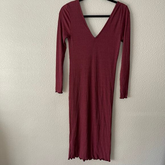 Topshop Ribbed Maroon Bodycon Lettuce Hem Long Sleeve Fall V neck Midi Dress 8 - Picture 9 of 10